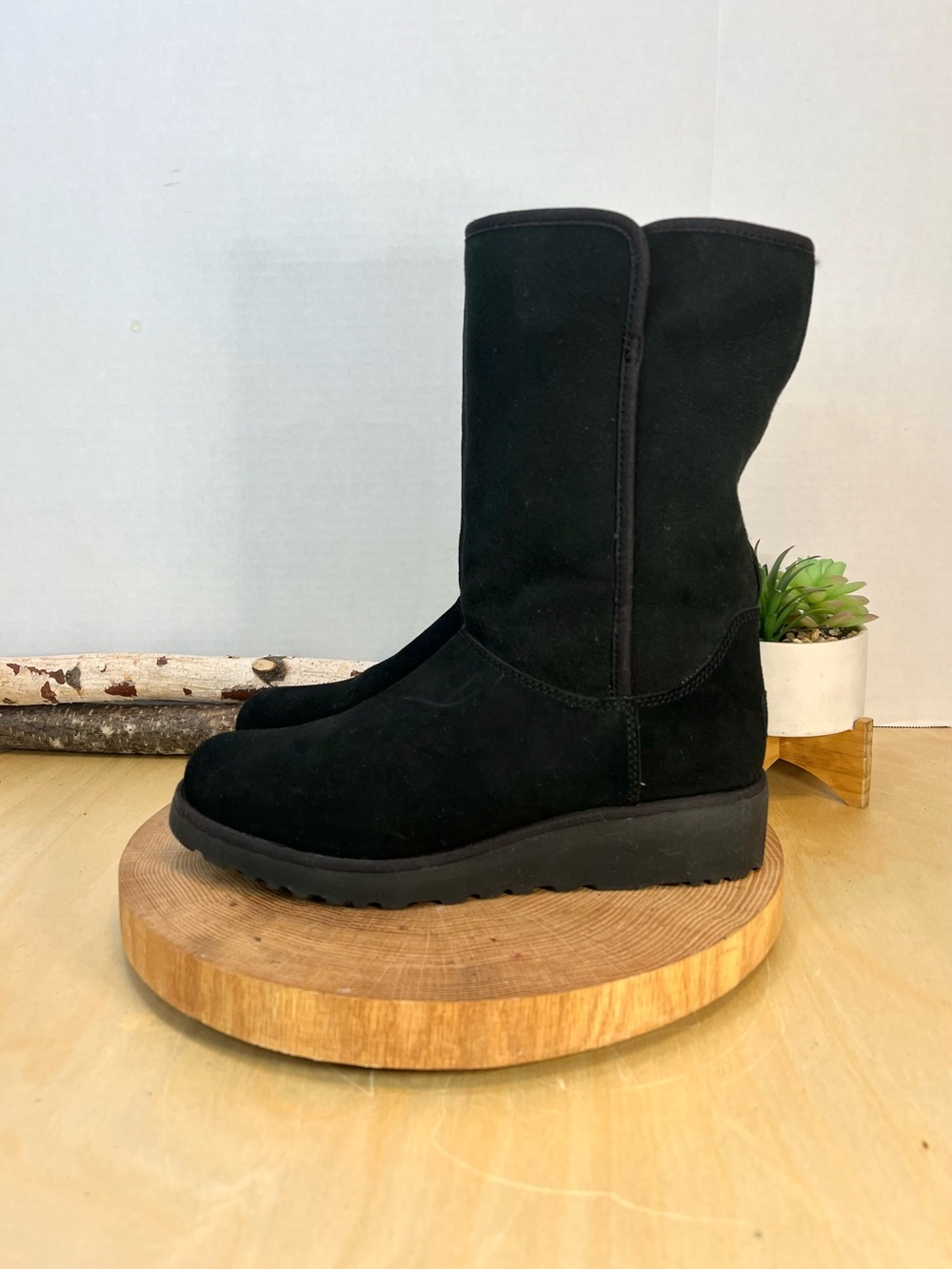 UGG Amie Black Water Resistant Suede Shearling Wedge Boots 8
